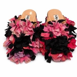 Calla Paris Textured Fringe Slide Sandals Pink Black | Size 8 |